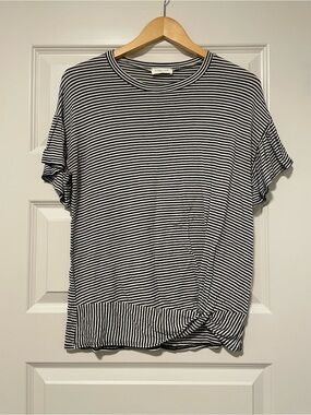 Striped Black & White Short Flutter Sleeve Knot Hem Shirt